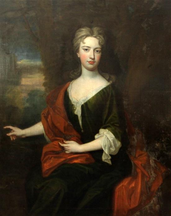 After Sir Godfrey Kneller (1646-1723) Three quarter length portrait of a seated lady wearing a green silk dress 50 x 40in.